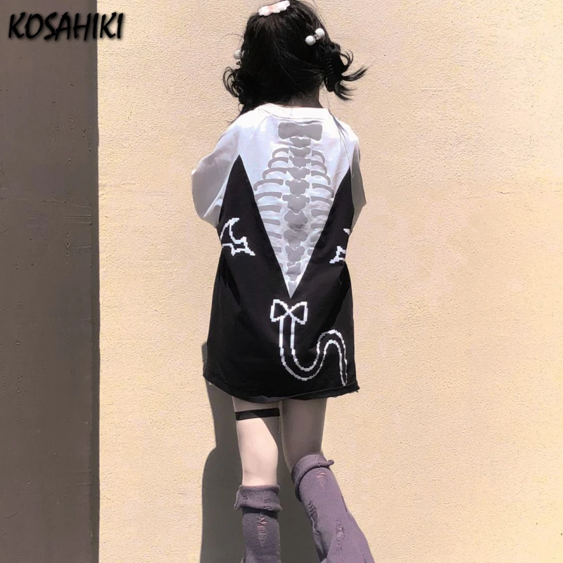 Y2k Aesthetic Contrast Color T-shirt Harajuku Vintage Skull Tops Women Kawaii Print Casual Loose Fairy Grunge Streetwear Tops