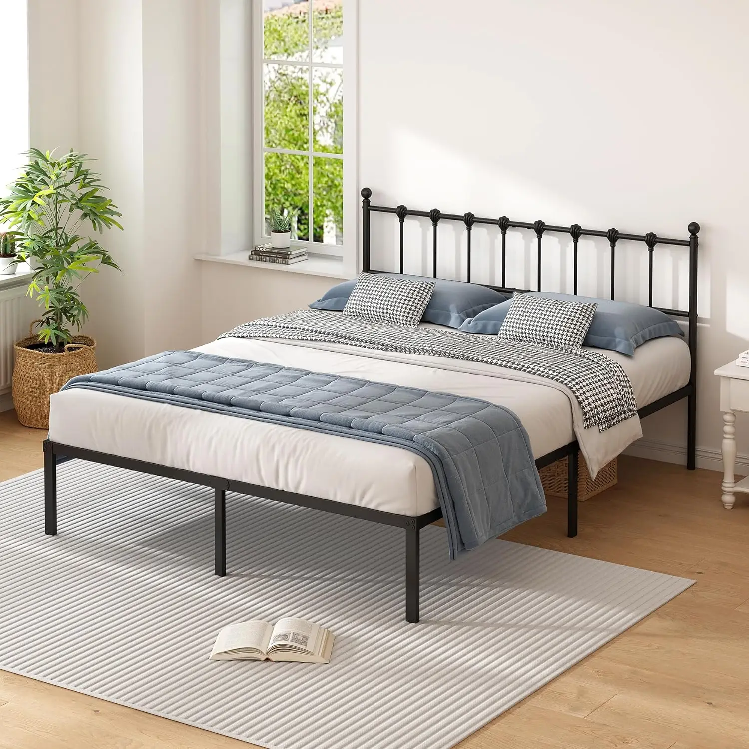 

Queen Size Bed Frame with Modern Headboard, Metal Platform Bed Base with Strong Support, No Box Spring Needed, Easy Asse