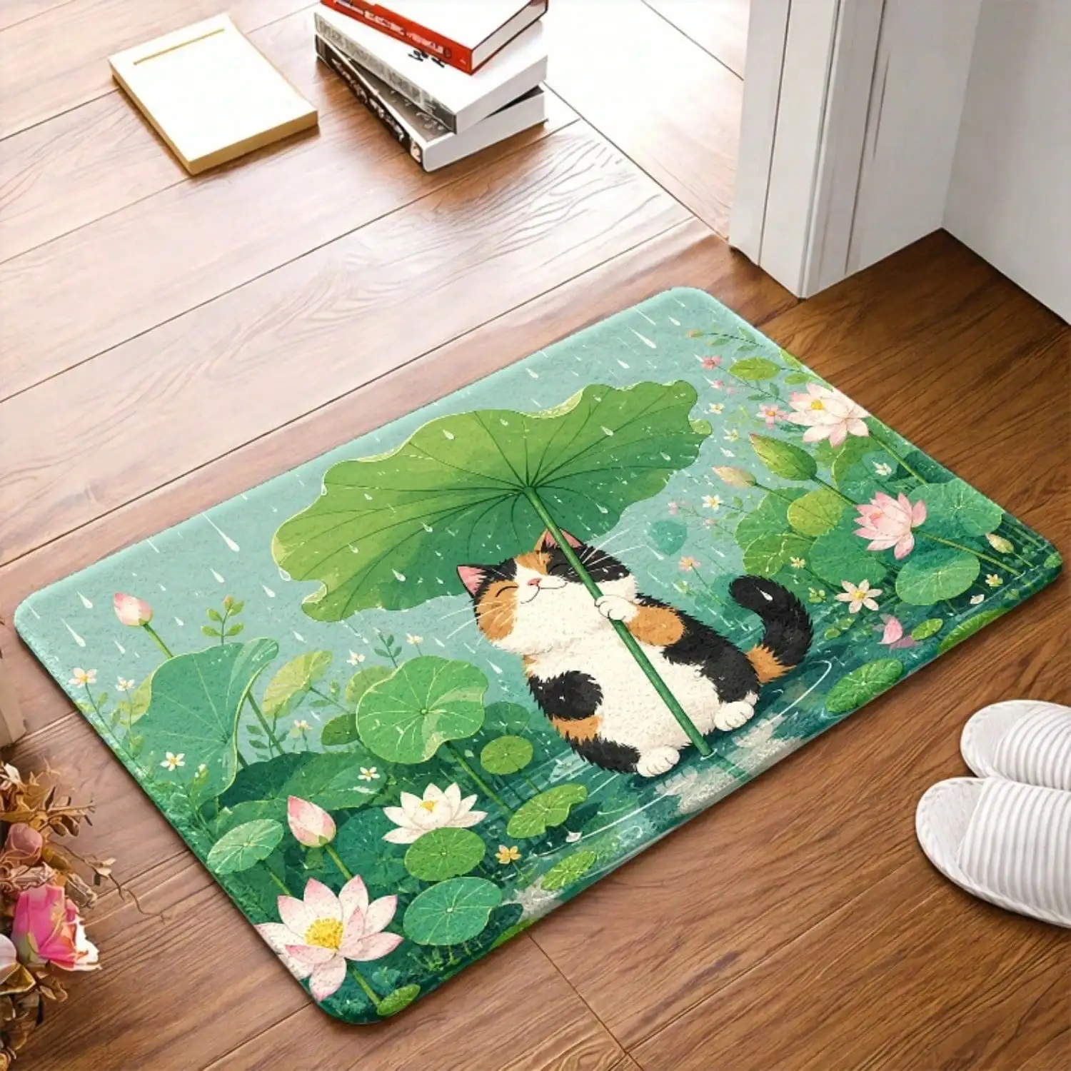 1pc, Cute Cat Holding For Lotus Leaf In Rain Pattern Doormats, Bath Mat, Durable, Stain - Resistant, Machine - Washable, Suitable For Living Room, Bedroom