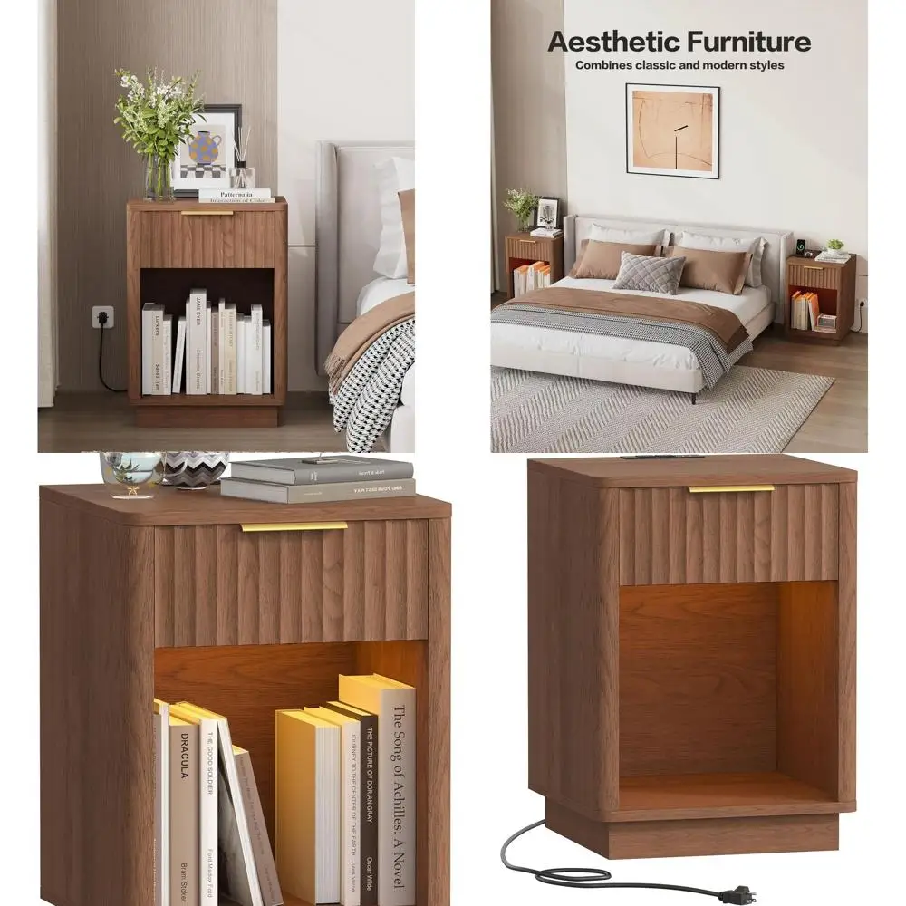 

Современная тумбочка из орехового дерева середины века с зарядной док-станцией и светодиодной подсветкой, 15x15,7x22,6, приставной столик для спальни