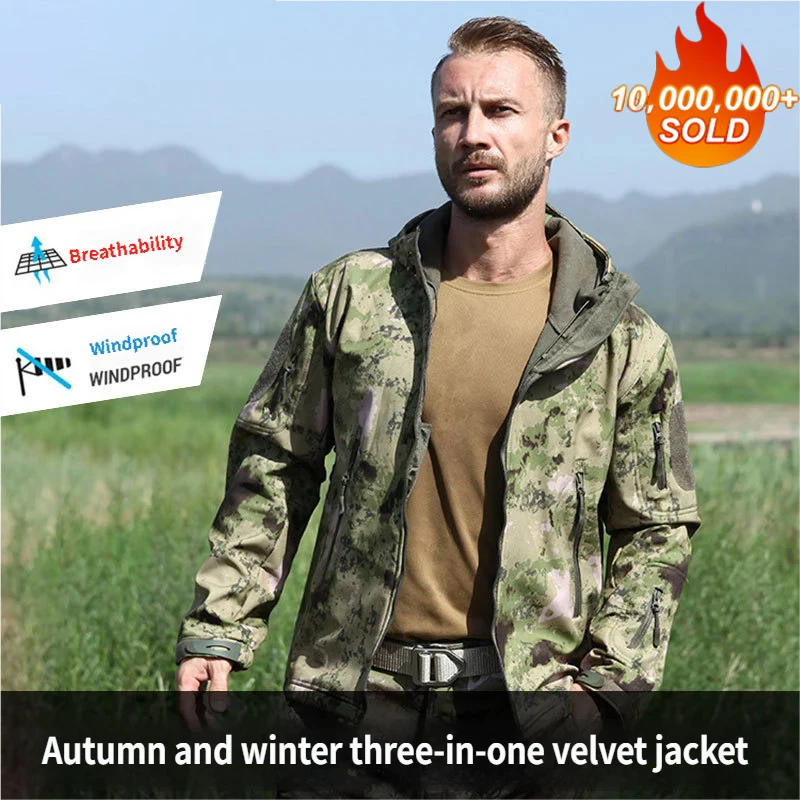 Men's Camouflage Outdoor Jacket Waterproof Hiking Windbreaker Lightweight Camo Coat for Camping Fishing Climbin