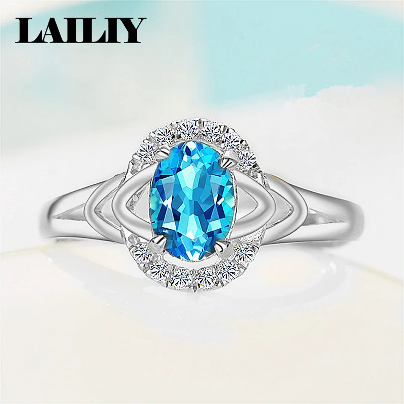 LAILIY 925 Sterling Silver Aquamarine Adjustable Ring For Women Fashion Jewelr Engagement Party Gift