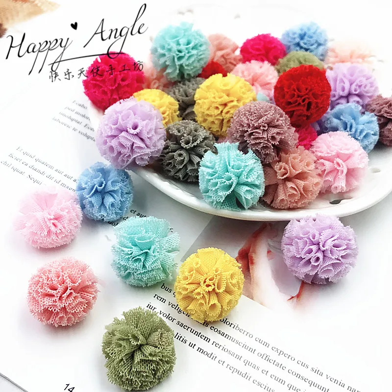 40/80pcs 20mm Korea Lace Ball DIY Gauze Elastic Flower Pompoms Craft Plush Mesh Pendant for Hairpins Jewelry Making Accessories