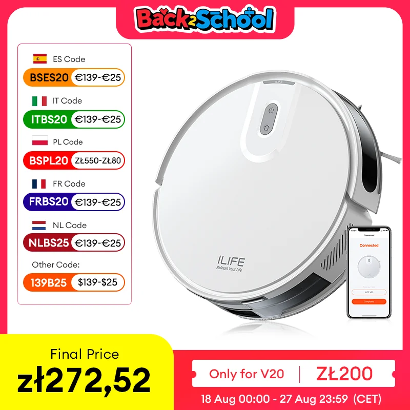 Aspirapolvere robot ILIFE V20, aspirazione 5000 Pa, navigazione intelligente SOF LiDAR, controllo APP, pulizia personalizzabile, ricarica automatica