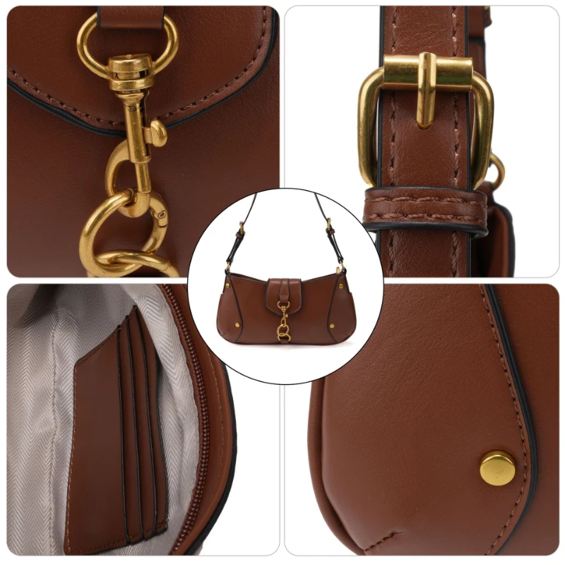 Vielseitige Designer-Handtasche mit Karabinerhaken, Damen-Umhängetasche mit Schlüsselschloss-Schnalle, Motorrad-Einkaufstasche im Biker-Stil, Braun, Reißverschluss – Detail 9