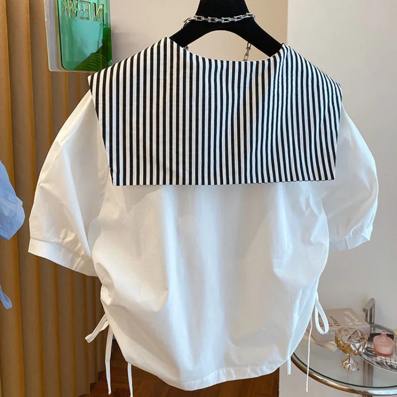 Korean Fashion Blouses Striped Contrast Color Draw String Peter Pan Collar Shirts Summer Short Sleeve Casual Loose Women Tops