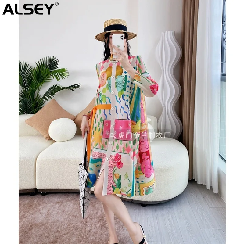 

ALSEY Miyake Pleated Loose Plus Size Single-breasted Women's Dresses 2024 Spring New Vintage Print Dresses Mid-length Dresses