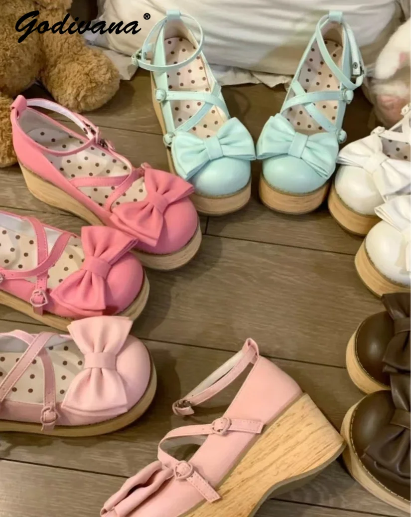 Original Wedge Platform Shoes Japanese Style Girls Women's Sweet Bow Wood Bottom Lolita Shoes Round Toe High Heel Pumps