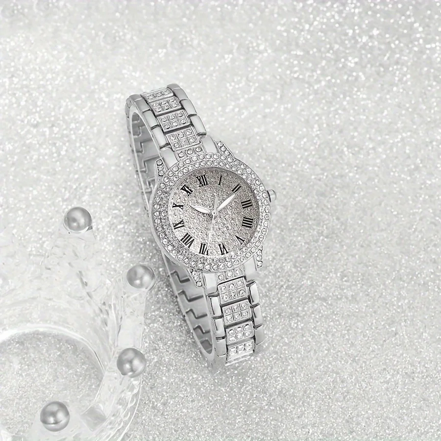 2pcs/set Women's Luxury Rhinestone Quartz Watch Shiny Fashion Analog Wrist Watch & Bracelet, Gift For Mom Her