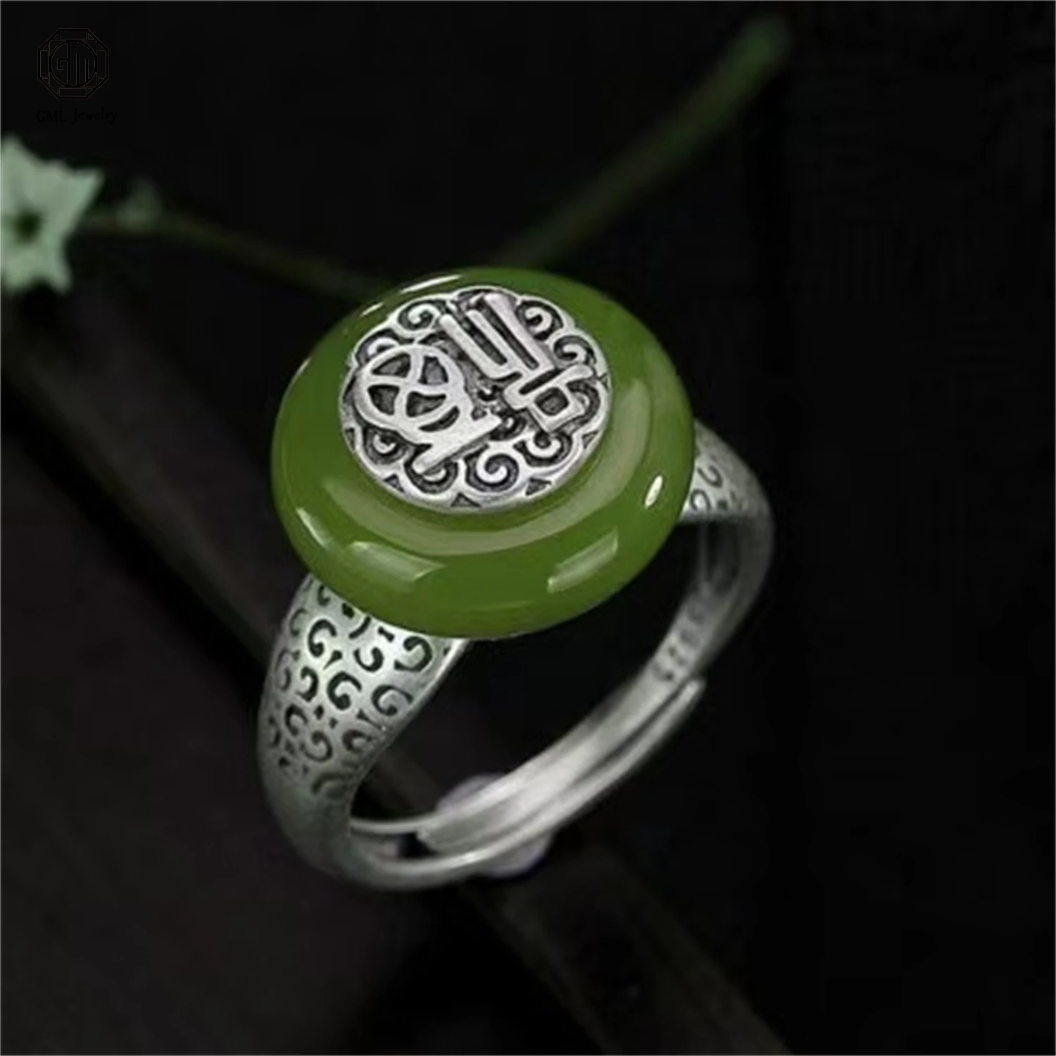 

925 Sterling Silver Open Adjustable Hetian White Green Jade Fu Character Peace Lock Ring Vintage Unisex Ethnic Jewelry Gift