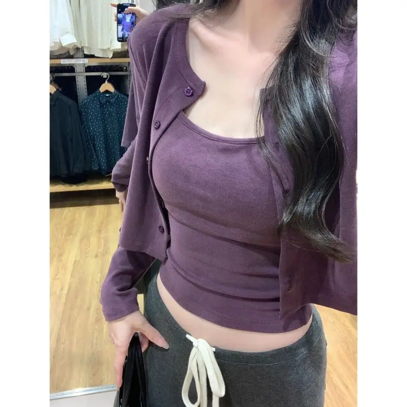 Korean Style Pure Desire Purple Strap Vest Long Sleeve Open Cardigan Two Piece Set Women Spring Autumn Elegant Sweet And Spic... view 3