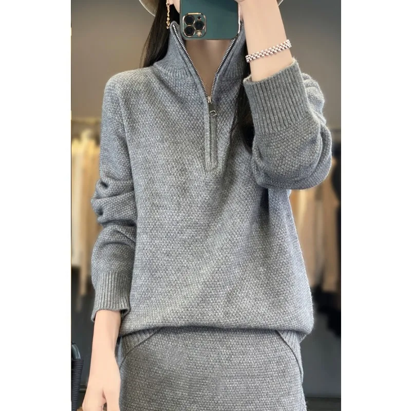 Outono e inverno novo meio zíper gola alta camisola + moda malha meia saia conjunto de duas peças e12220