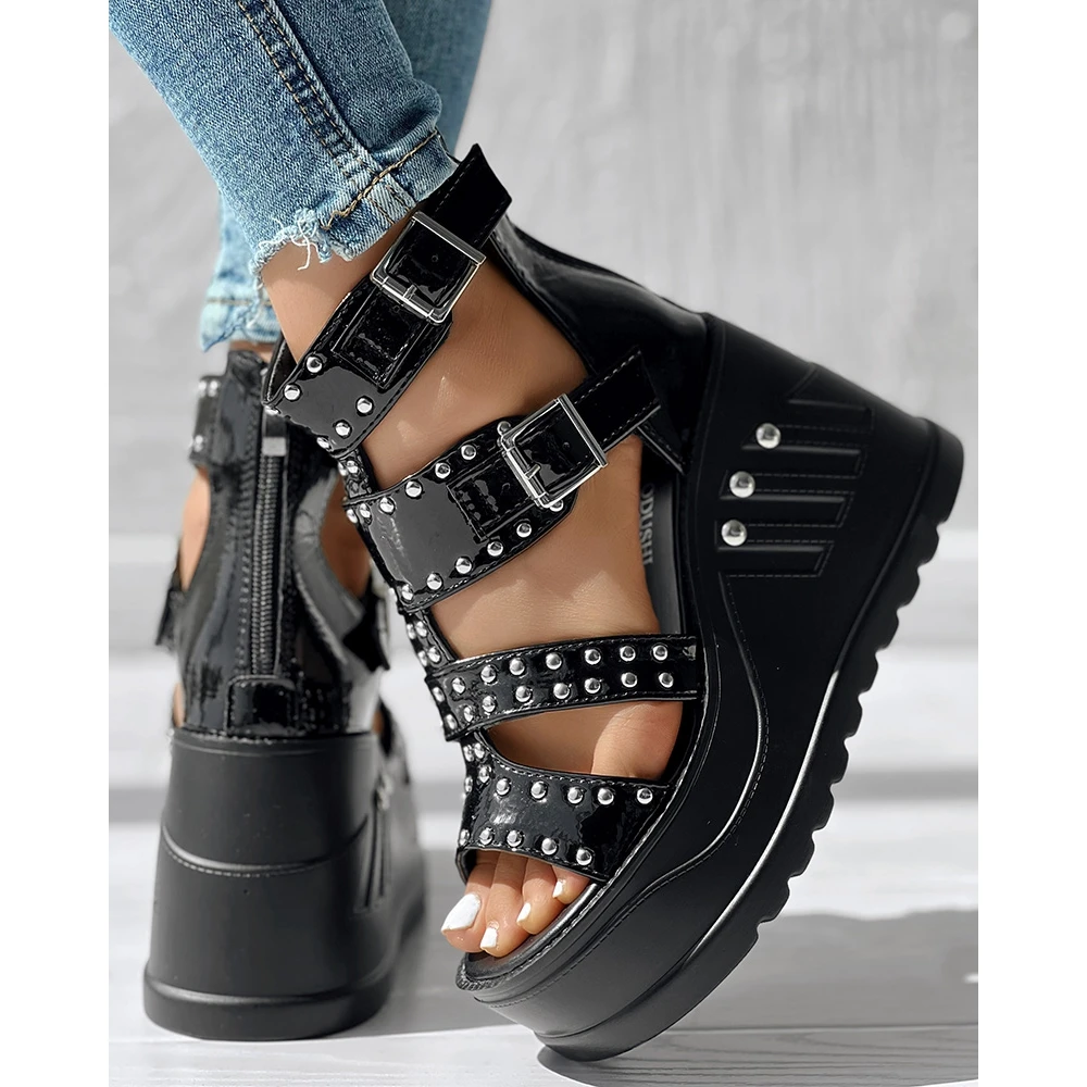 Fashion Women Peep Toe Wedge Black Sandals Lady Summer Casual Going Out Studded Design Sandals Ankle Buckle Shoes Party