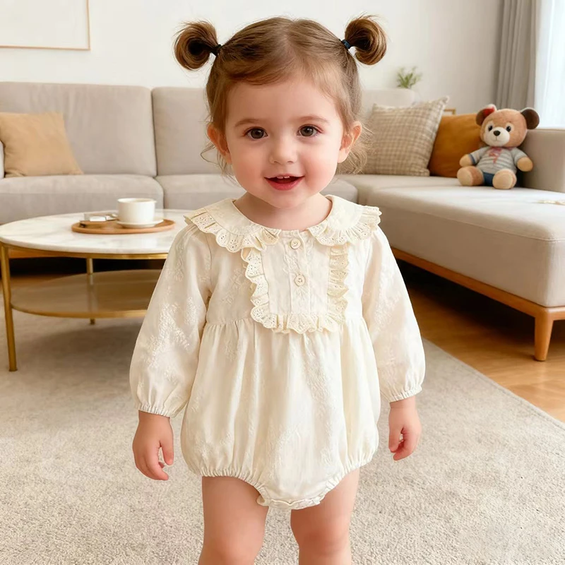 2026 ربيع جديد طفل رضيع فتاة الدانتيل تقليم رومبير بأكمام طويلة القطن الوليد طفلة بذلة 0-24 متر طفلة الملابس