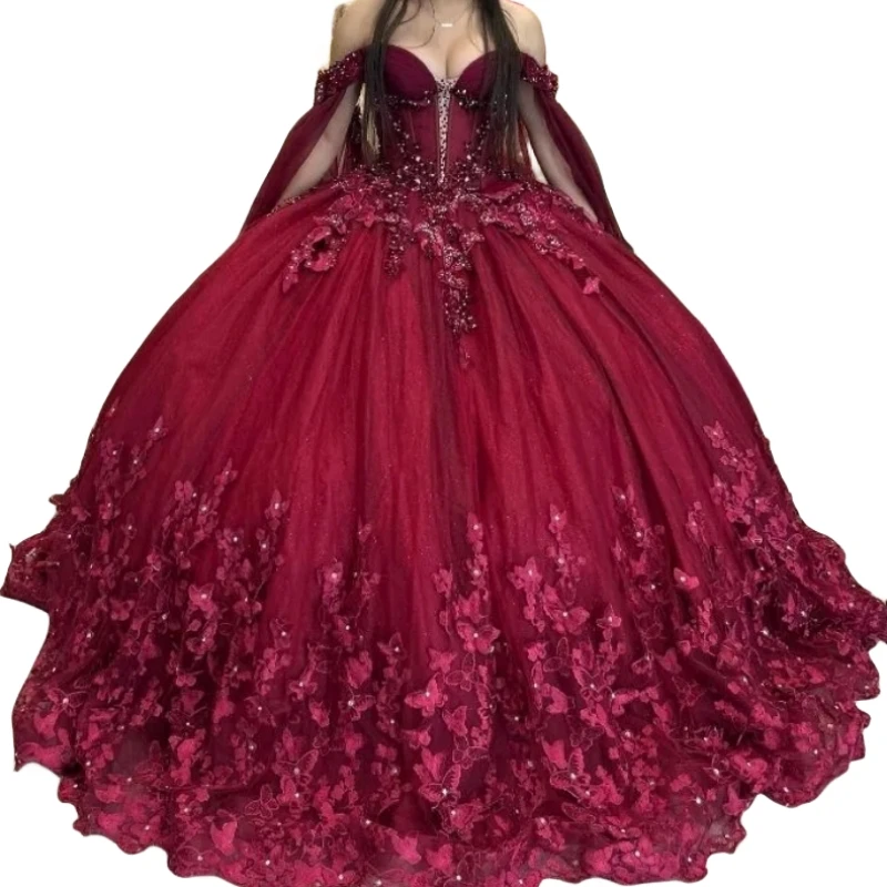 Saudi-Arabisch Luxus Burgund Quince anera Kleider süß 16 15 Kleider Spitze Applikationen Perlen Blumen Party Ballkleid Vestido