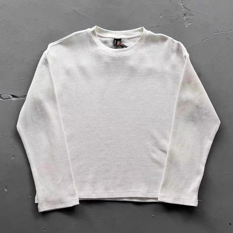 Übergroßer Waffelstrick-Pullover für Herren, Retro-Stickerei, Grafik, Rundhalsausschnitt, Langarm-T-Shirt, Baggy Streetwear, Lässiger Pullover – Detail 3