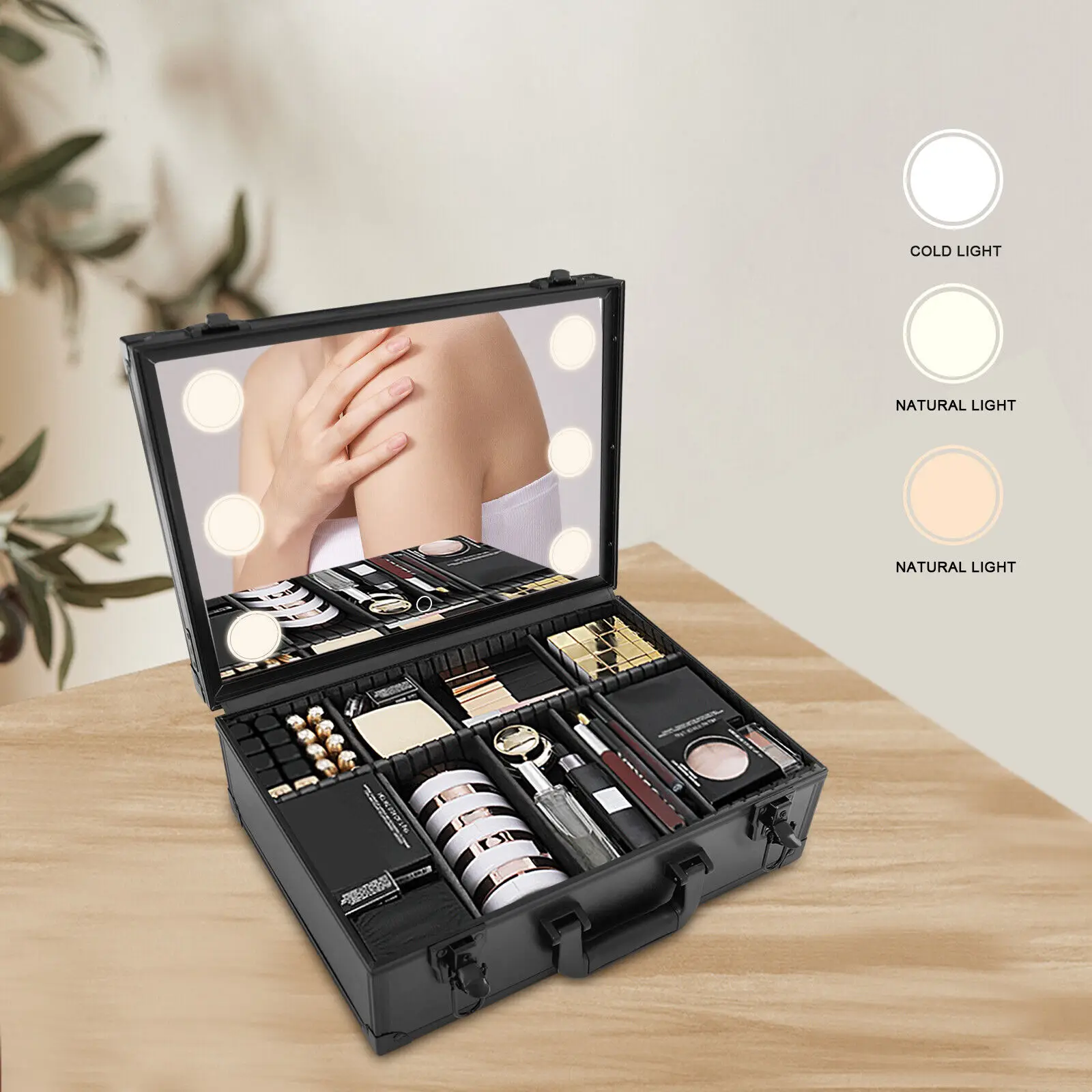 Makeup Bag with LED Mirror Portable Travel Cosmetic Organizer Train Make-Up Case