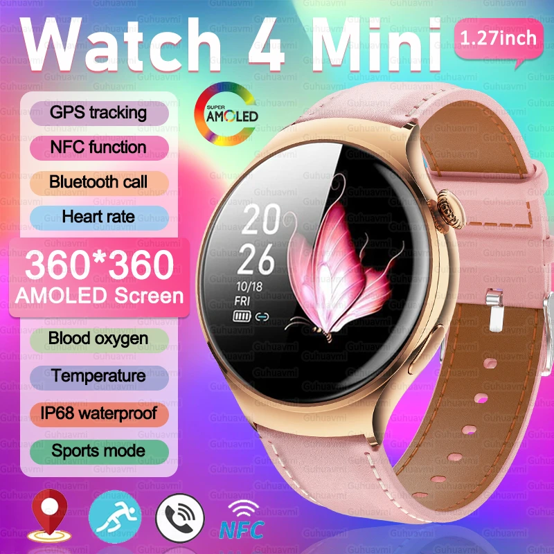 

2025 New Women Watch4 Mini Smart Watch Pink AMOLED Screen NFC Heart Rate Clock BT Call GPS Lady Smartwatch For Women Custom Dial