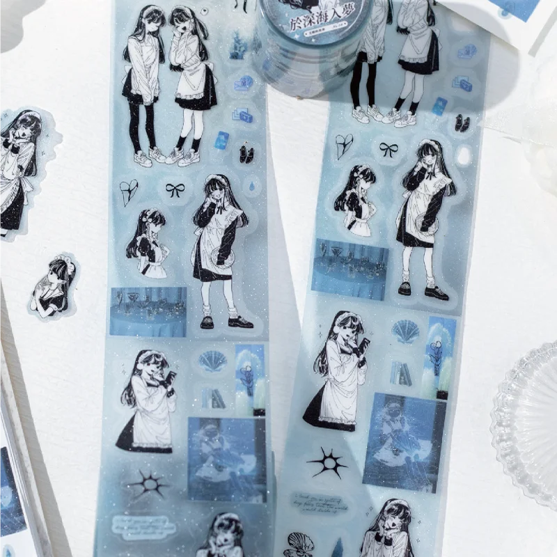 Washi Tape 60mm*2m Black and White Tone Minimalist Cartoon Girl Tape for Handbook, DIY & Scrapbooking, Thin Phone Case, Diary