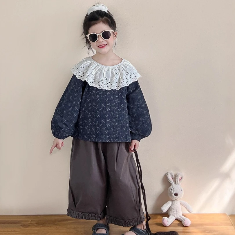 

Girls Suit 2025 Autumn Winter New Children's Clothing Korean Wind Girl Baby Broken Flower Doll Shirt Wide Leg Pants Two Sets