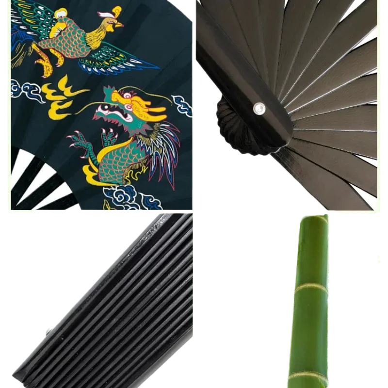 Single-Sided Tai Chi Ring Fan Bamboo Ribs Kung Fu Martial Arts Performance Dance Fan Dragon and Phoenix Right Hand Fold Hand Fan