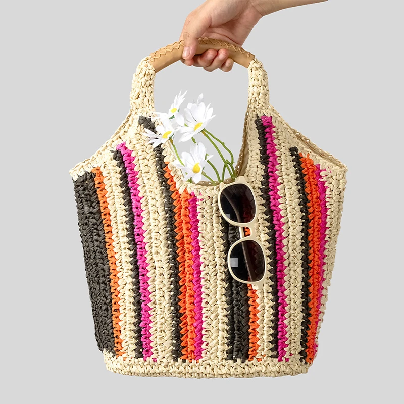 

Handmade Summer Beach Bag Large Capacity Bali Shopper Purses Casual Striped Straw Tote Bag Paper Woven Women Handbags