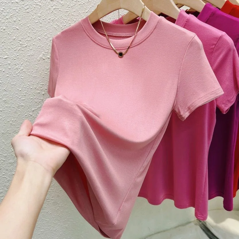 Women's Elastic Crew Neck T-Shirt Solid Ribbed Tops Pink Short Sleeve Tight Bottom Basic Shirt Casual Sexy Slim Summer Tops Tee