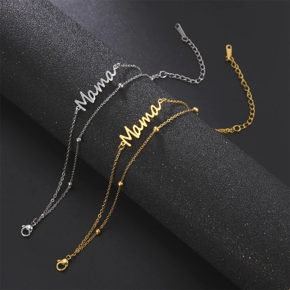 Lemegeton Stainless Steel Mama Bracelet For Women Mom Nameplate Letter Charm Bracelet Multi-layer Bead Chain Jewelry Mom Gifts