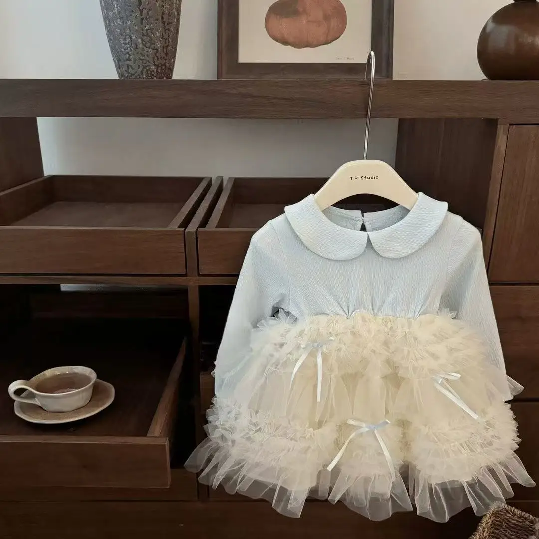 

Korean Version for Girls Sweet and Beautiful Girl Cute Bow Dress Spring/Summer New Children's Ballet Style Princess Yarn Dress
