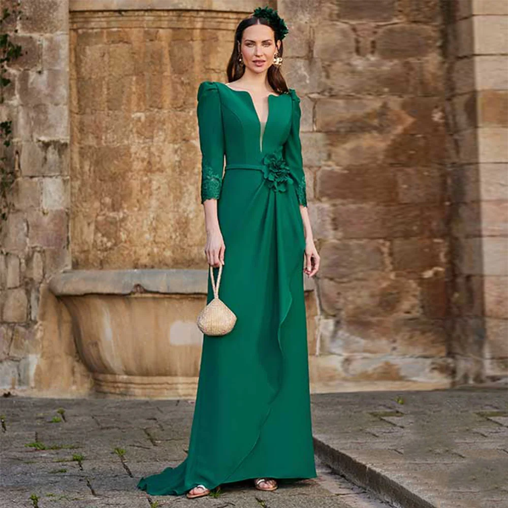 

Mermaid Wedding Guest Dresses for Women 2025 Deep V Neck Lace Evening Gowns 3/4 Sleeves Flower Trumpet Formal Party Dress Long