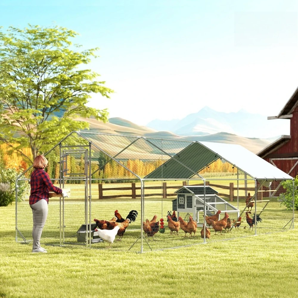 

Large Metal Chicken Coop, Walk in Chicken Run with Waterproof & Anti-UV Cover, Feeding Door, Hanging Feeder