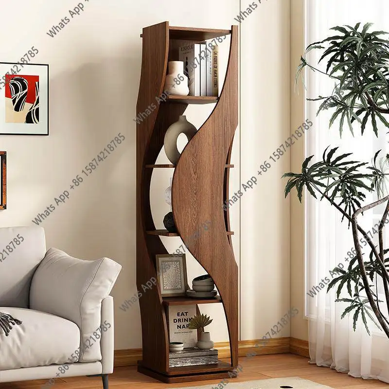 Special-shaped rotating bookshelf 360-degree bookcase Solid wood living room corner creative decoration floor rack