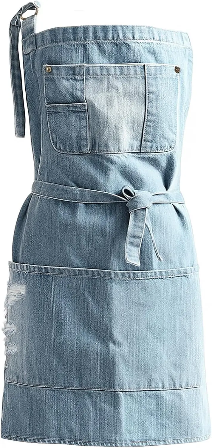 

Denim Apron with 5 Pockets for Kitchen, Hair Stylist, Arts Cafe Work - Adjustable for Women and Men