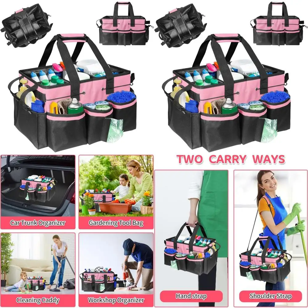 

Портативная сумка-органайзер для чистящих средств с ручкой, ремнями и съемными отделениями для домашних и профессиональных чистящих средств - розовая