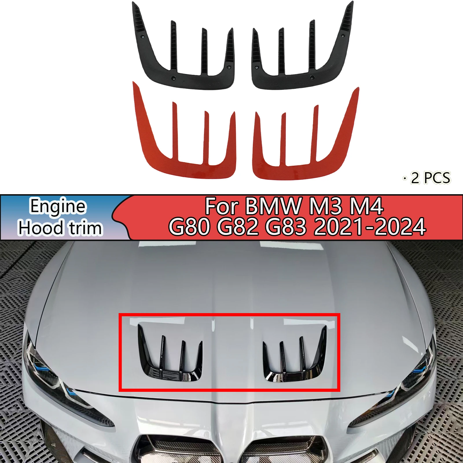 

A Pair Of Engine Hood trim For BMW M3 M4 G80 G82 G83 2021-2024 Carbon Fiber Painted Body Kit Cars Glossy Black Car Accessories