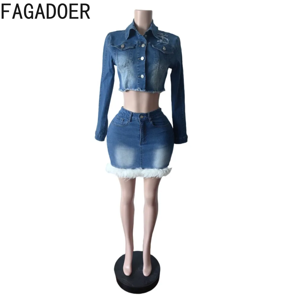 FAGADOER Fashion Denim 2 Pieces Set for Woman Outfits Long Sleeves Buttons Crop Top + Fur Patchwork Skirt Female Streetwear New