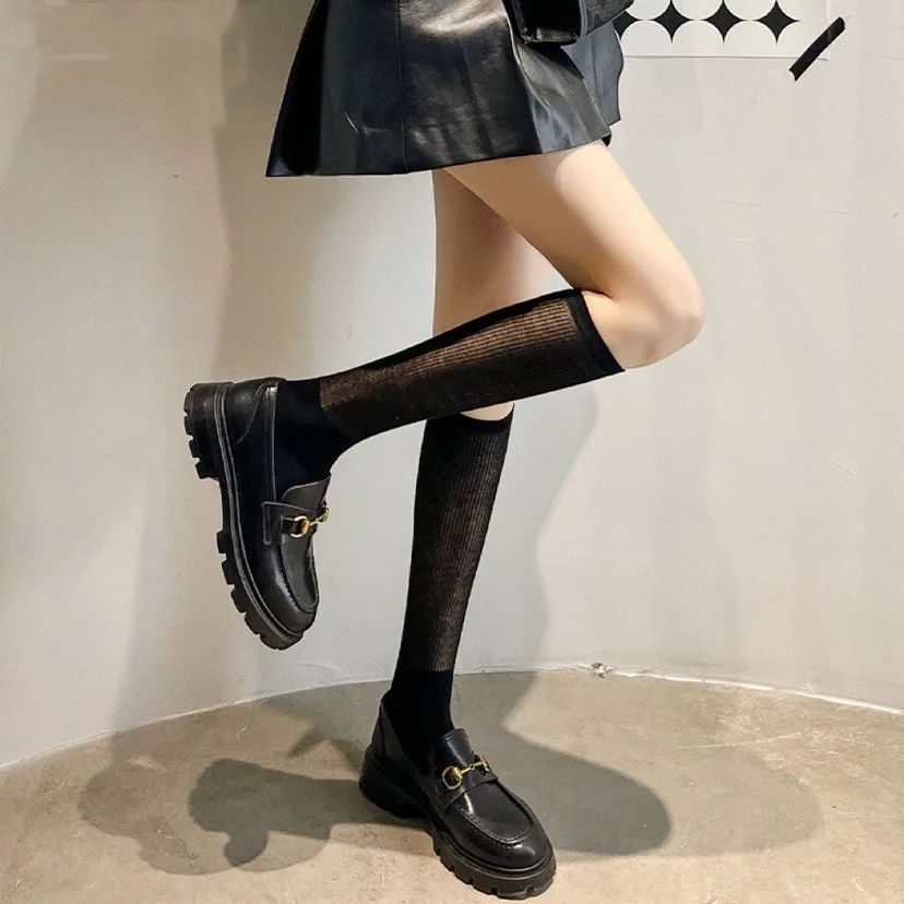 Soft Transparent Stretchy Solid Stacked Socks Lolita Comfortable Mesh Breathable Socks JK Cosplay Knee High Calf Mid-Tube Socks