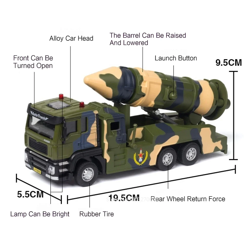 1/50 DF 21D Missile Launch Car Model Toys Diecast Alloy Missiles Vehicles with Sound Light Pull Back Toy Birthday Gifts for Kids