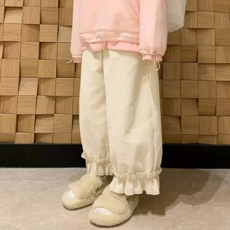 

Women Oversized Japanese Corduroy Pants Kawaii Wide Leg Sweatpants Preppy Style Cute Korean Girl Lolita Winter Loose Trousers