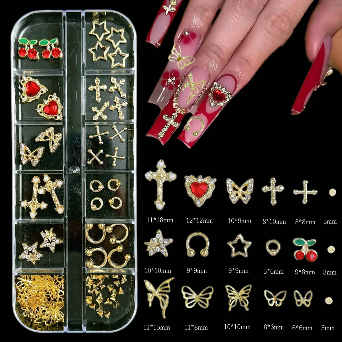 12칸 골드 오션 네일 참 장식물 조개/해마/불가사리 다양한 모양 별 3D 믹스 펑크 매니큐어 메탈 네일 DIY 부품