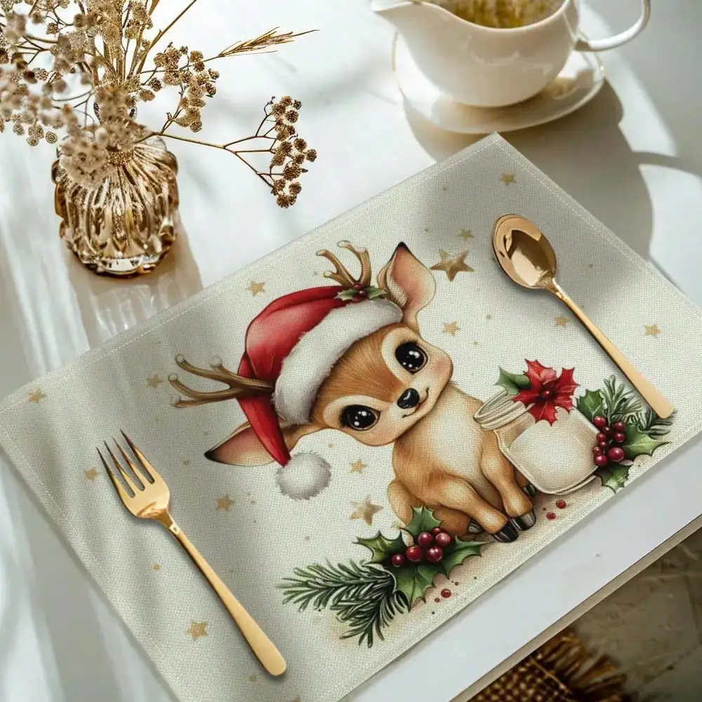 1/2/4/6pcs Christmas Reindeer Pattern Placemat Set With Santa Hat And Holly Berry - Machine Washable Polyester Rectangular Table Mats For Kitchen, Dining Room Cozy Winter Dining Arrangement, Holiday Tableware, Holiday Design