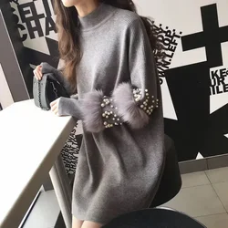 Chic Women Turtleneck Beading Pullover Pearls Loose Knitted Dress Striped Faux Rabbit Fur Long-sleeved Sweater OL Knitwear Tops
