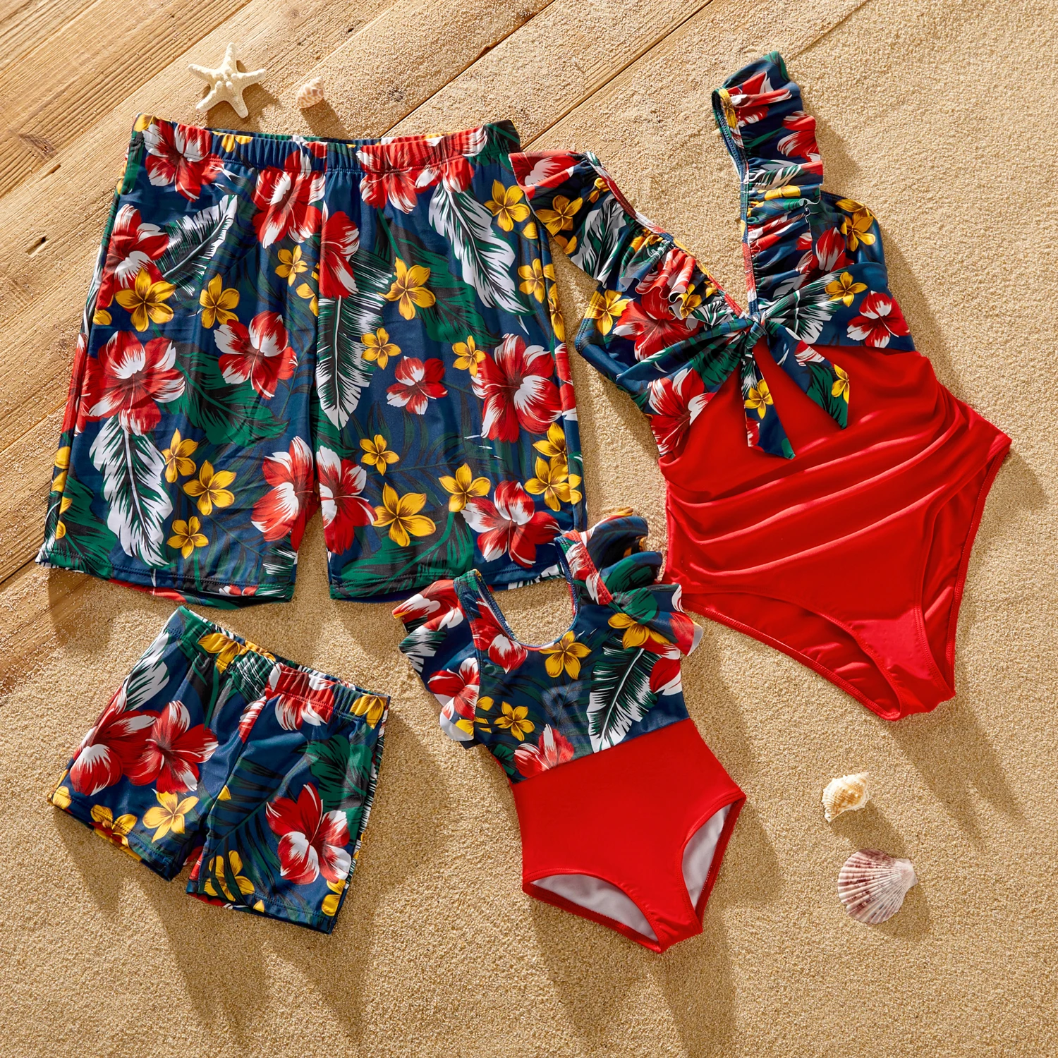 PatPat Family Matching Swimsuit Floral Print & Solid Spliced Ruffle Trim One-piece Swimsuit and Swim Trunks