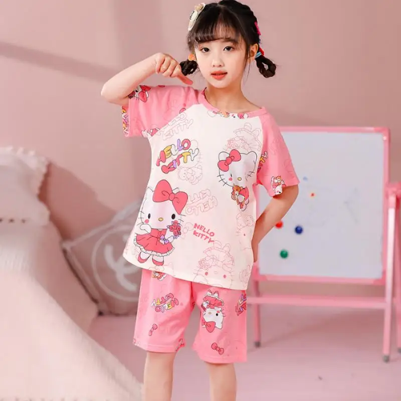 Sanurgente-Pyjamas pour enfants, pyjamas, vêtements de maison, ensemble de pyjamas en coton fin à manches courtes et col rond, cadeau Hello Kitty