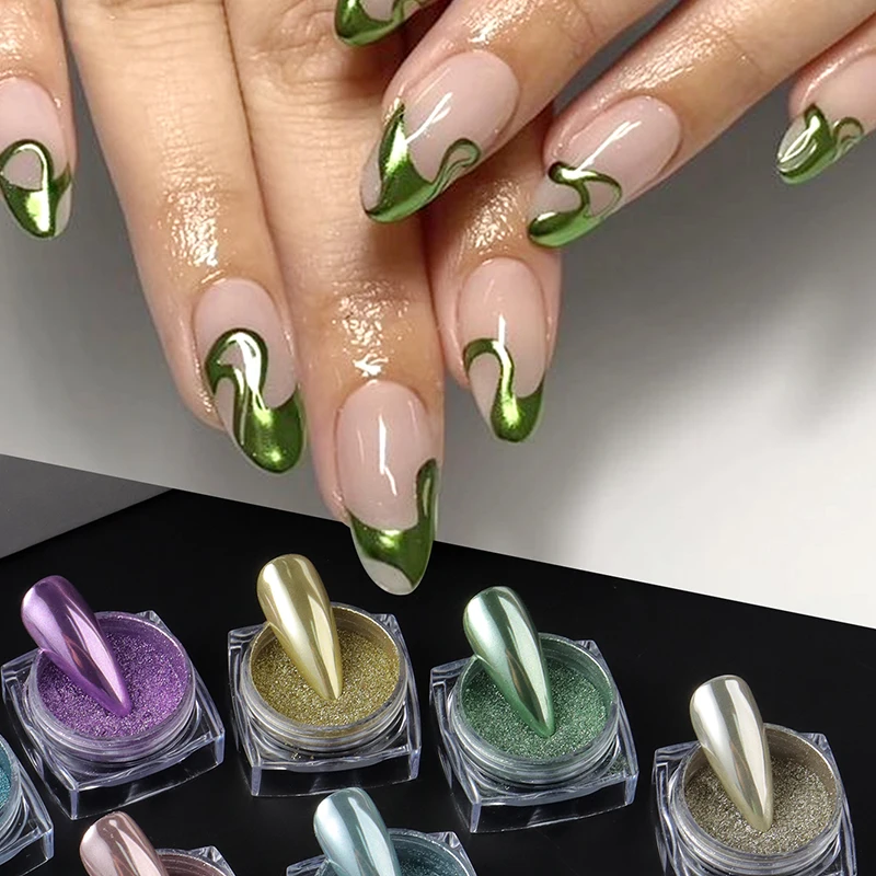 12 กล่อง Y2K กระจกโลหะเล็บผงสีม่วงสีฟ้า Chrome Glitter Pigment Flakes ถูฝุ่น Glossy Nail Art Decor