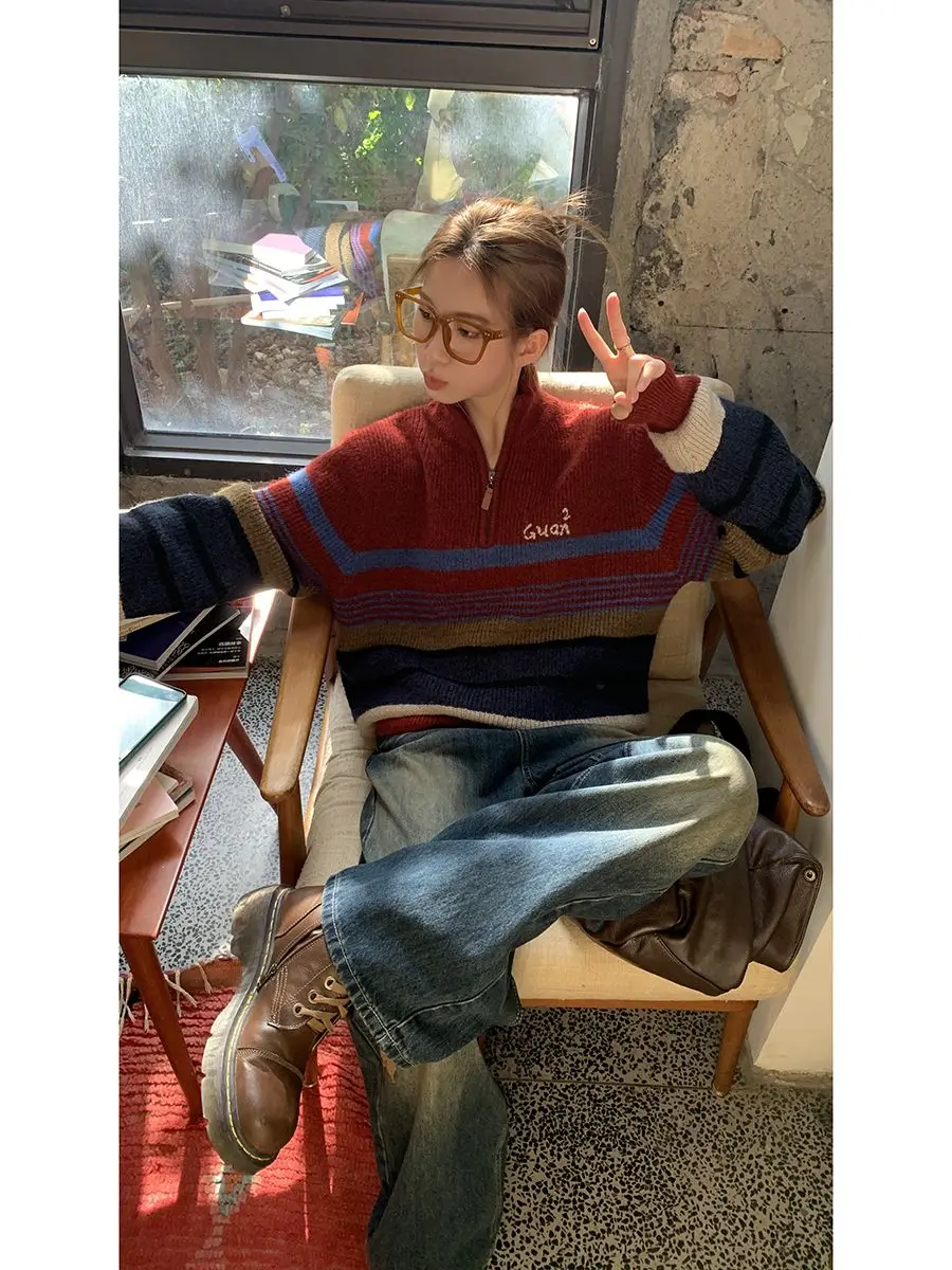 

Women's Half Zip Striped Knitted Sweater Autumn Warm Top Female Long Sleeved Outerwear Vintage Knitted Pullover