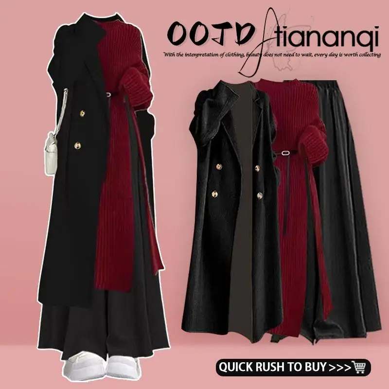 

Bla Red Tee-Piece Set Women's Faion Autumn Winter Casual Sle Long Sve Knitted Dr Pants High Waist Belted Coat