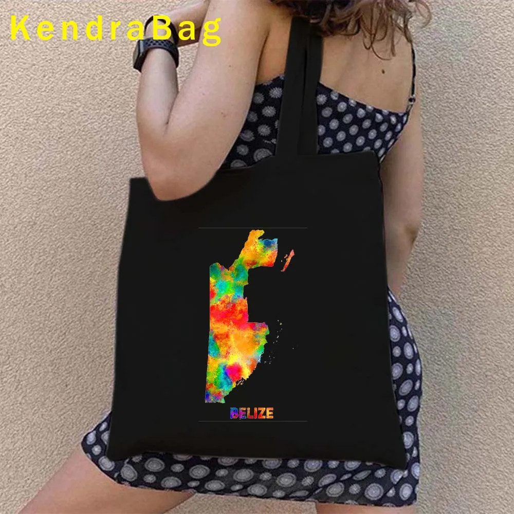 Belize Palmeiland Armen Van Belize Landkaart Vlag Aquarel Meisje Vrouwen Liefde Hart Shopper Canvas Tas Boodschappentassen