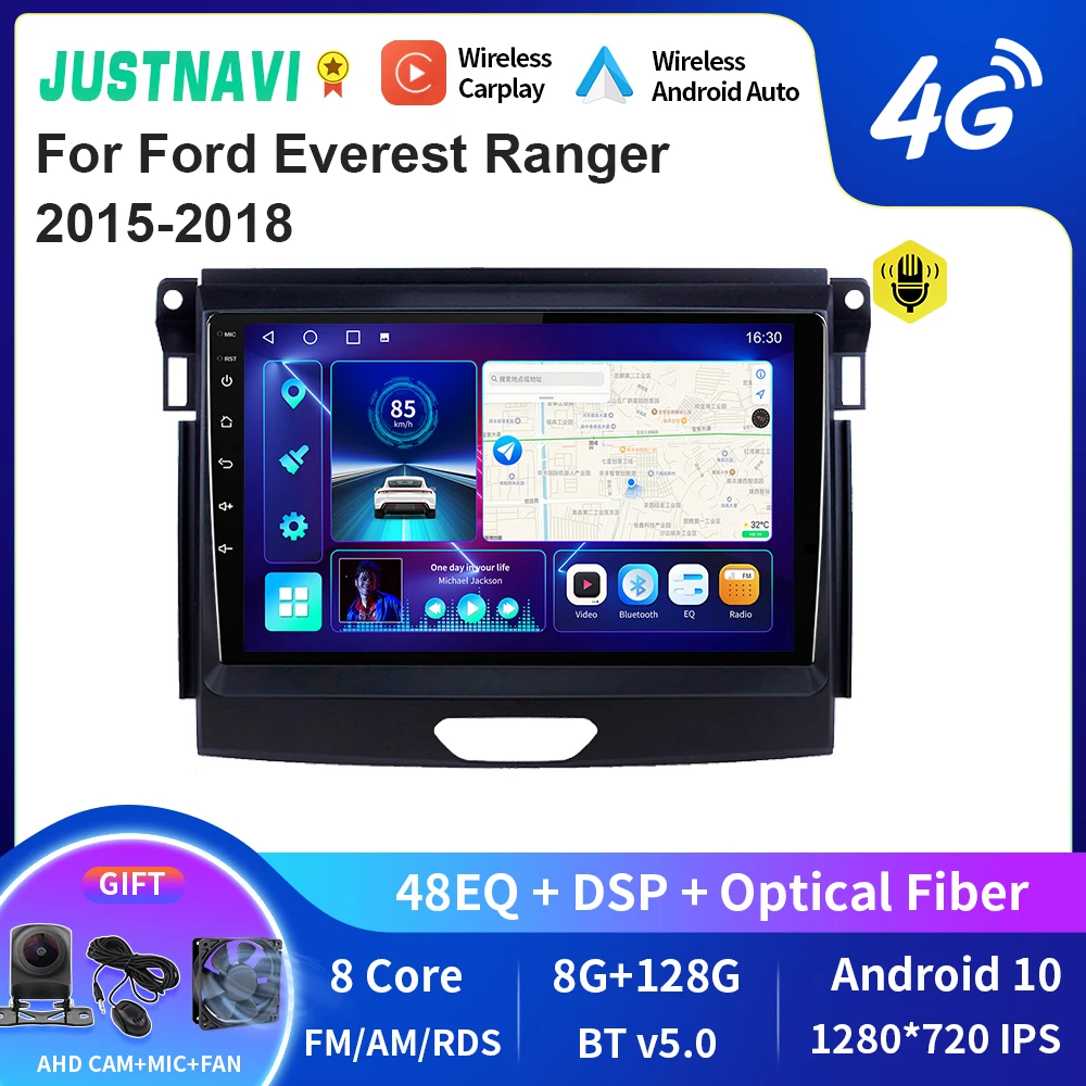 

JUSTNAVI QT10 Wireless CarPlay Android Auto Radio For Ford Everest Ranger 2015-2018 Stereo Car Multimedia Video Player GPS DVD