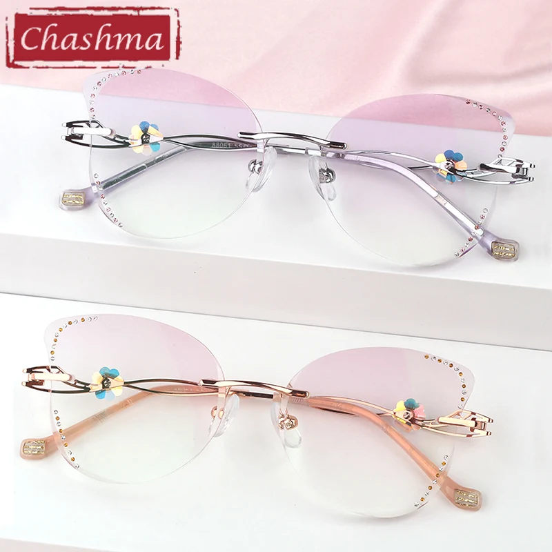 Rhinestone Sunglasses Women Titanium Colored Butterfly Lenses Fashion Eyeglasses Diamonds Sun Protection Rimless Eyewear